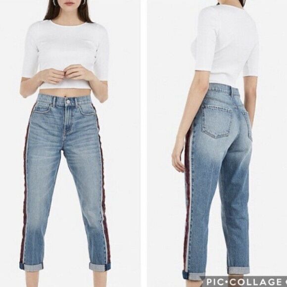 EXPRESS Girlfriend High Rise Red Side Stripe Jean - Picture 1 of 12